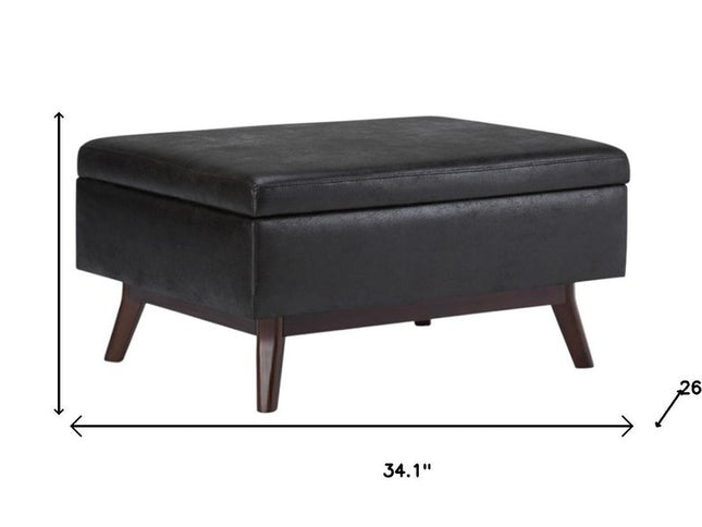 34" Black and Brown Leather Cocktail Ottoman With Storage