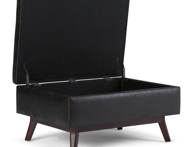 34" Black and Brown Leather Cocktail Ottoman With Storage