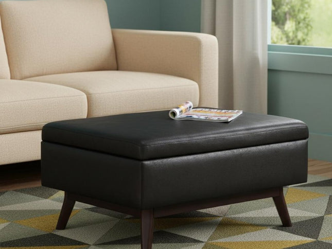 34" Black and Brown Leather Cocktail Ottoman With Storage