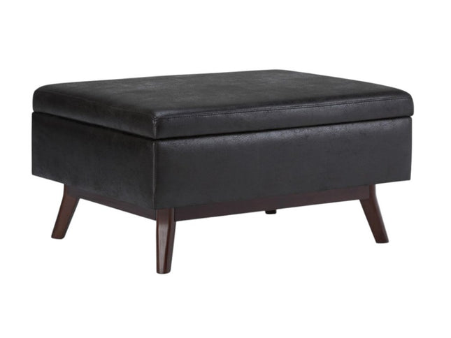 34" Black and Brown Leather Cocktail Ottoman With Storage