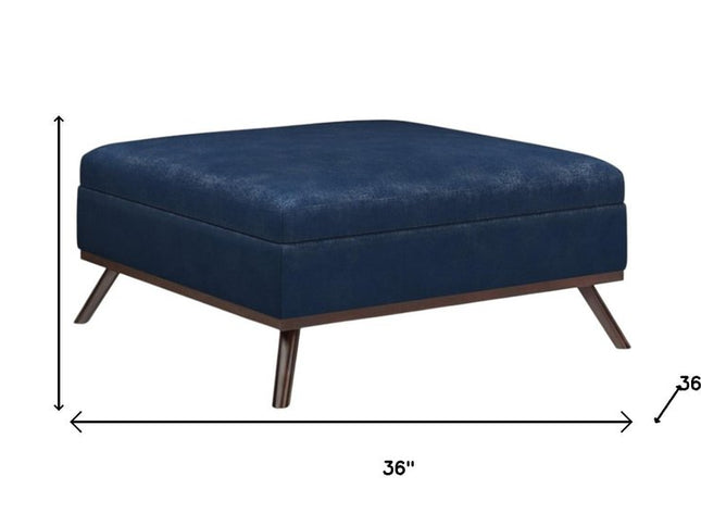 36" Blue and Brown Leather Cocktail Ottoman With Storage