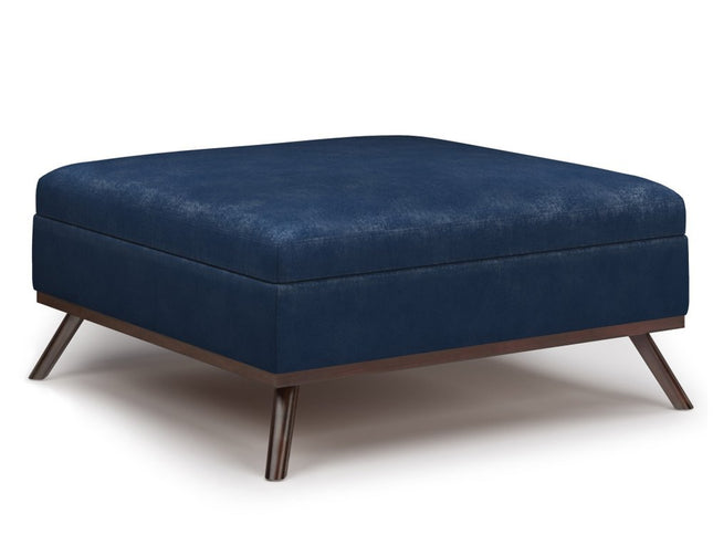 36" Blue and Brown Leather Cocktail Ottoman With Storage