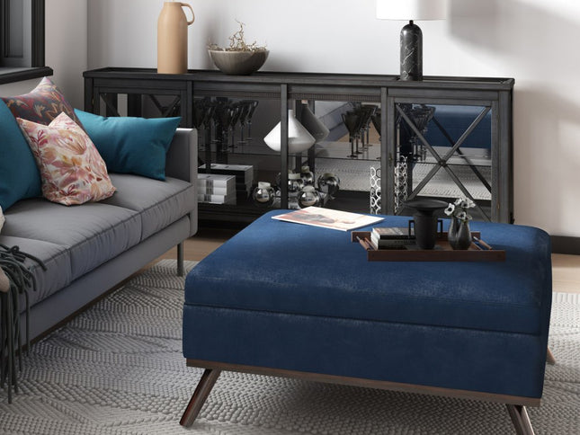 36" Blue and Brown Leather Cocktail Ottoman With Storage