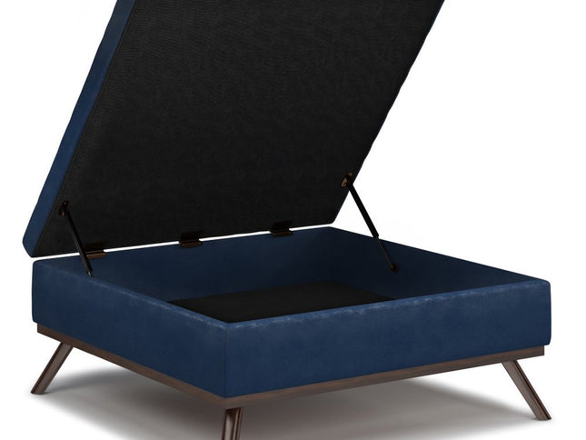 36" Blue and Brown Leather Cocktail Ottoman With Storage