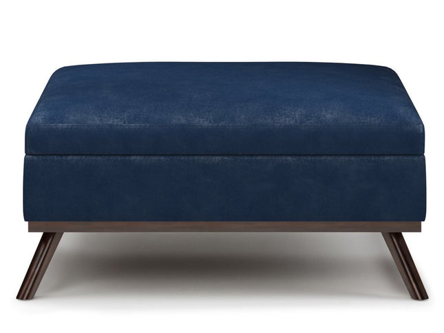 36" Blue and Brown Leather Cocktail Ottoman With Storage
