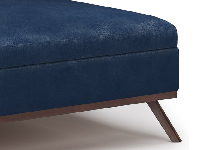 36" Blue and Brown Leather Cocktail Ottoman With Storage