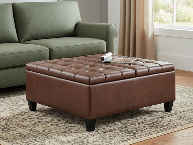 36" Brown and Espresso Leather Cocktail Ottoman With Storage