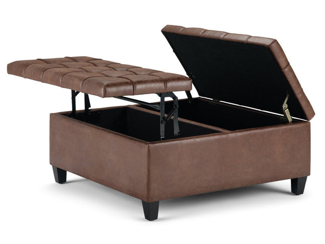 36" Brown and Espresso Leather Cocktail Ottoman With Storage