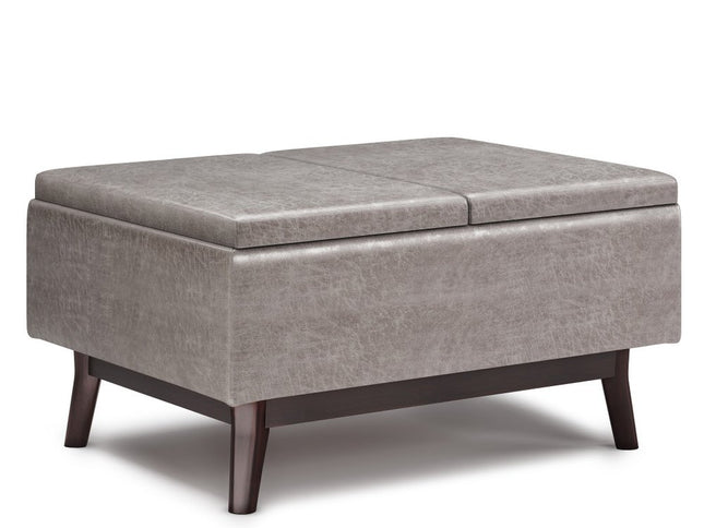 34" Gray and Dark Brown Leather Cocktail Ottoman With Storage