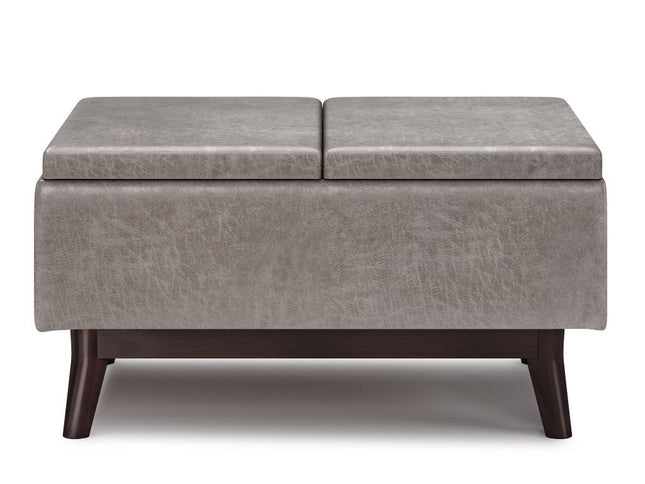 34" Gray and Dark Brown Leather Cocktail Ottoman With Storage