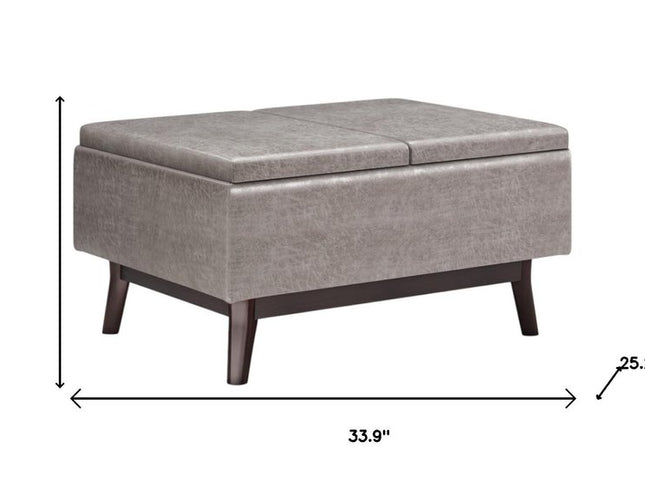34" Gray and Dark Brown Leather Cocktail Ottoman With Storage