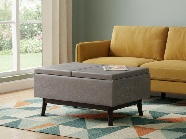 34" Gray and Dark Brown Leather Cocktail Ottoman With Storage