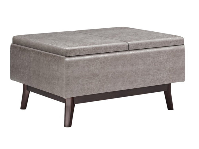 34" Gray and Dark Brown Leather Cocktail Ottoman With Storage