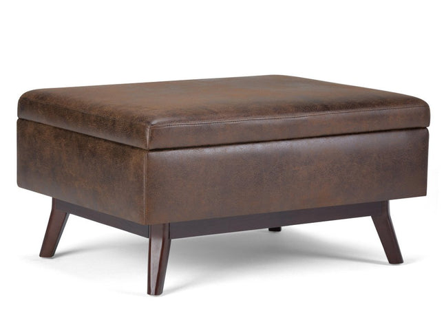 34" Brown Leather Cocktail Ottoman With Storage