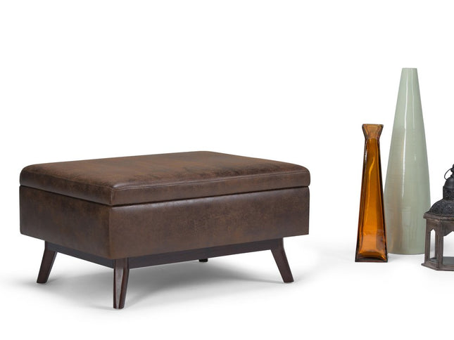 34" Brown Leather Cocktail Ottoman With Storage
