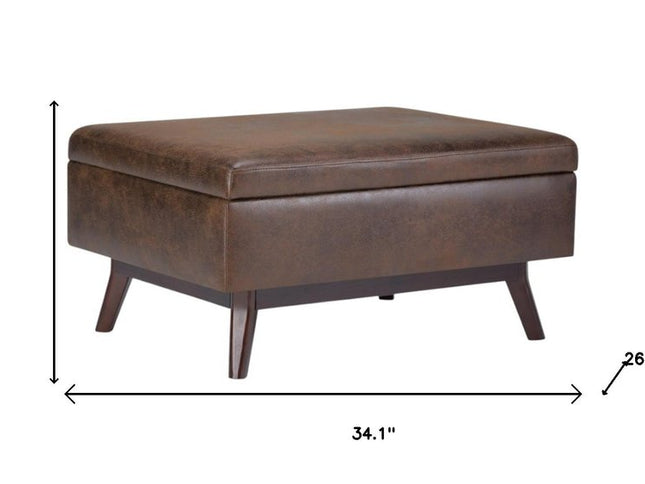 34" Brown Leather Cocktail Ottoman With Storage
