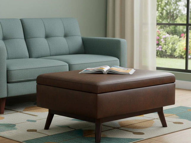 34" Brown Leather Cocktail Ottoman With Storage