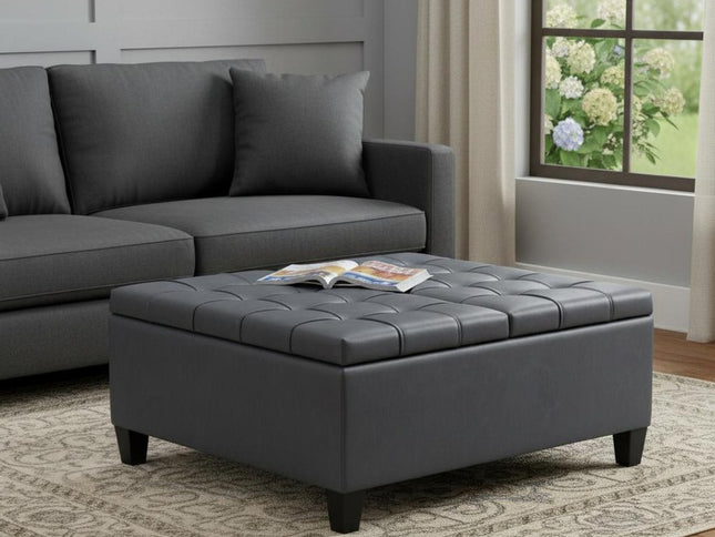 36" Gray and Espresso Leather Cocktail Ottoman With Storage
