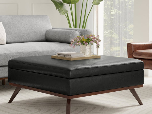 40" Black and Brown Leather Cocktail Ottoman With Storage