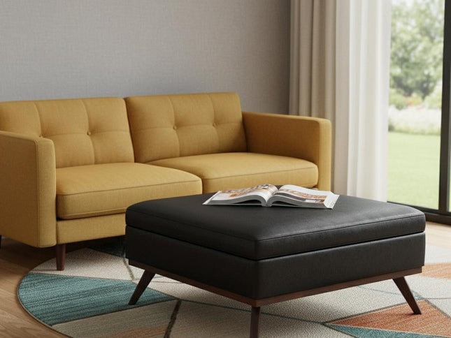 40" Black and Brown Leather Cocktail Ottoman With Storage