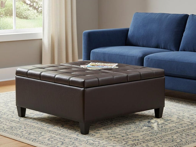 36" Brown and Espresso Leather Cocktail Ottoman With Storage