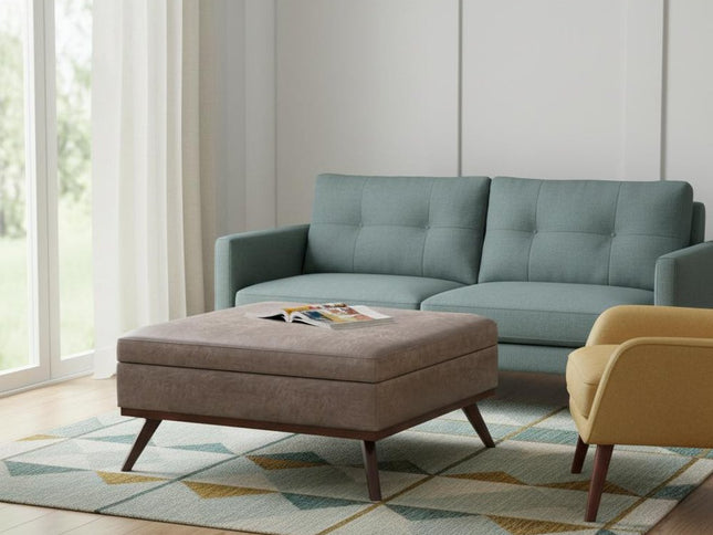 40" Gray and Brown Leather Cocktail Ottoman With Storage