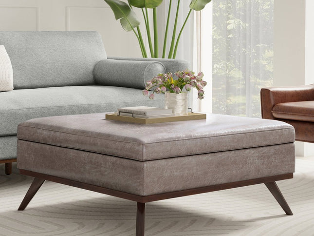 40" Gray and Brown Leather Cocktail Ottoman With Storage