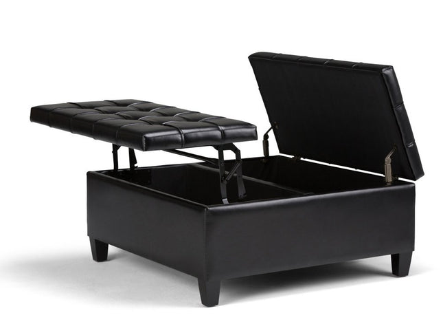 36" Black and Espresso Leather Cocktail Ottoman With Storage
