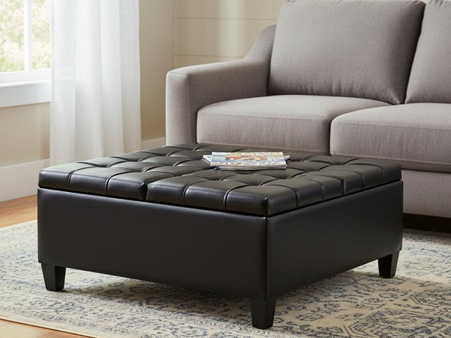 36" Black and Espresso Leather Cocktail Ottoman With Storage