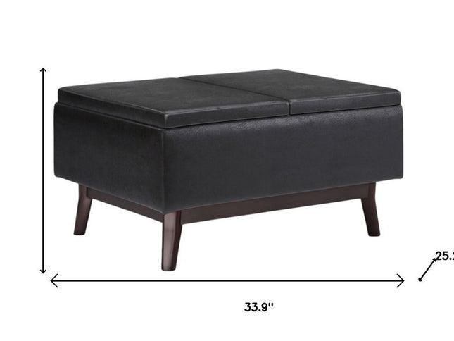 34" Black and Dark Brown Leather Cocktail Ottoman With Storage