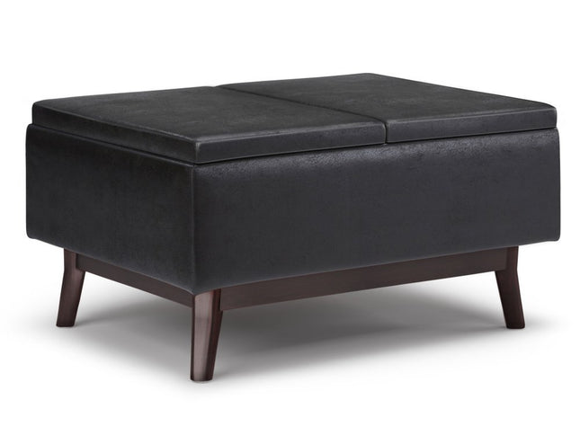 34" Black and Dark Brown Leather Cocktail Ottoman With Storage
