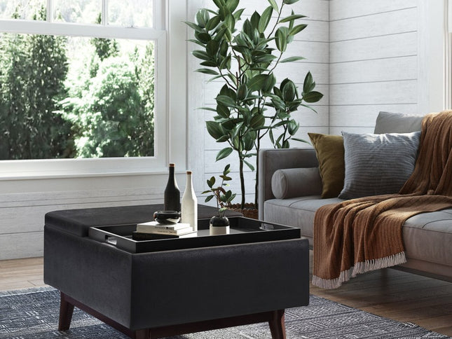 34" Black and Dark Brown Leather Cocktail Ottoman With Storage