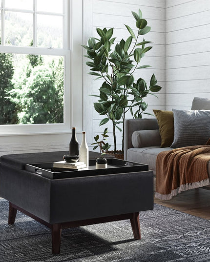 34" Black and Dark Brown Leather Cocktail Ottoman With Storage