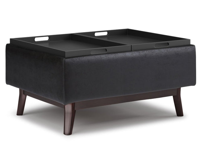 34" Black and Dark Brown Leather Cocktail Ottoman With Storage