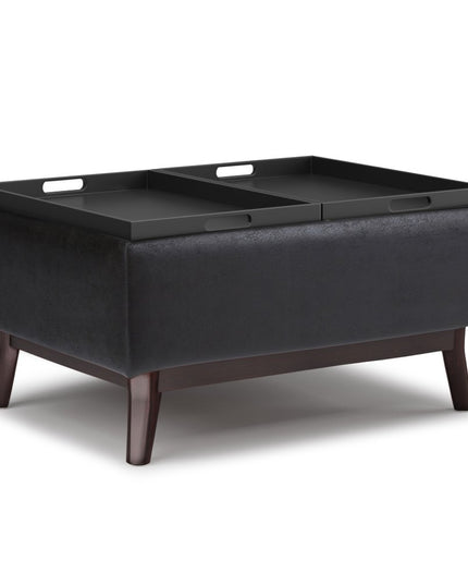 34" Black and Dark Brown Leather Cocktail Ottoman With Storage