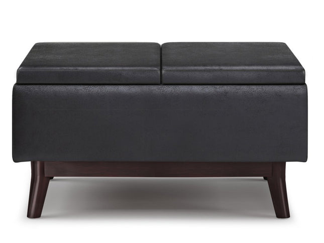 34" Black and Dark Brown Leather Cocktail Ottoman With Storage