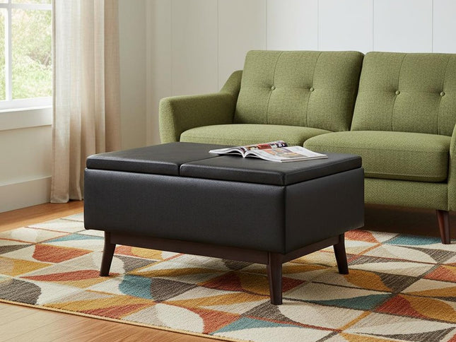 34" Black and Dark Brown Leather Cocktail Ottoman With Storage