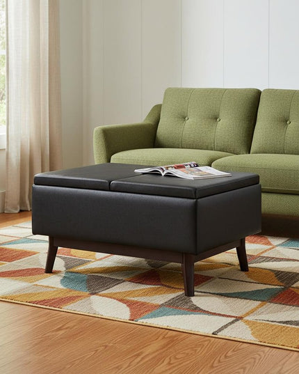 34" Black and Dark Brown Leather Cocktail Ottoman With Storage