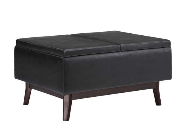 34" Black and Dark Brown Leather Cocktail Ottoman With Storage