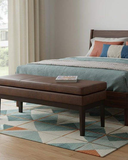 45" Brown and Walnut Leather Ottoman