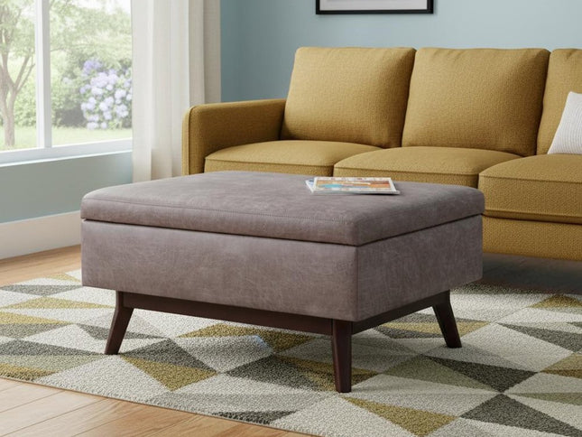 34" Gray and Brown Leather Cocktail Ottoman With Storage