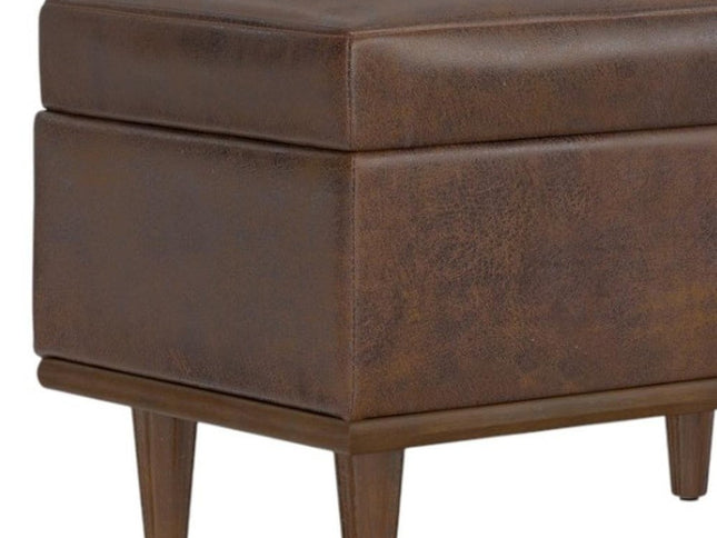 26" Brown and Walnut Leather Cocktail Ottoman With Storage