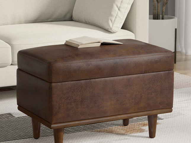 26" Brown and Walnut Leather Cocktail Ottoman With Storage