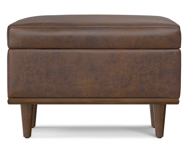 26" Brown and Walnut Leather Cocktail Ottoman With Storage