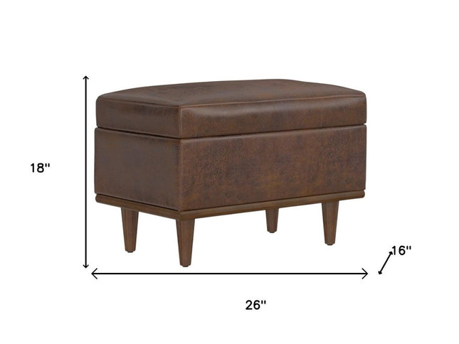 26" Brown and Walnut Leather Cocktail Ottoman With Storage