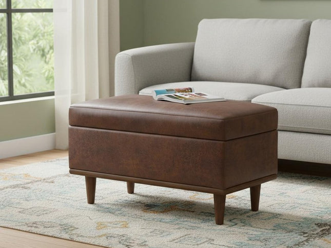 26" Brown and Walnut Leather Cocktail Ottoman With Storage