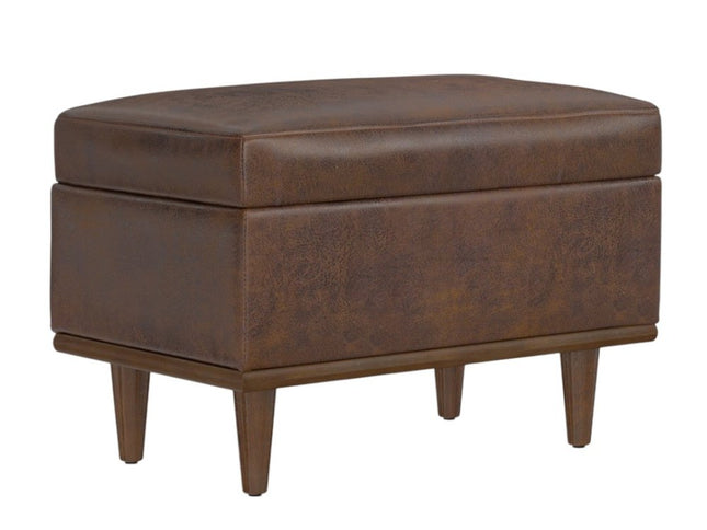 26" Brown and Walnut Leather Cocktail Ottoman With Storage