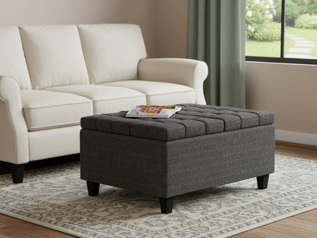 30" Ebony and Black Fabric Cocktail Ottoman With Storage