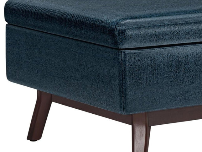 34" Blue and Brown Leather Cocktail Ottoman With Storage