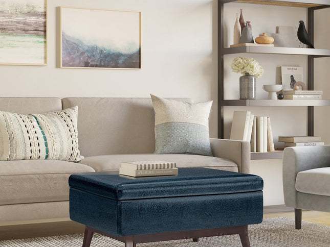 34" Blue and Brown Leather Cocktail Ottoman With Storage